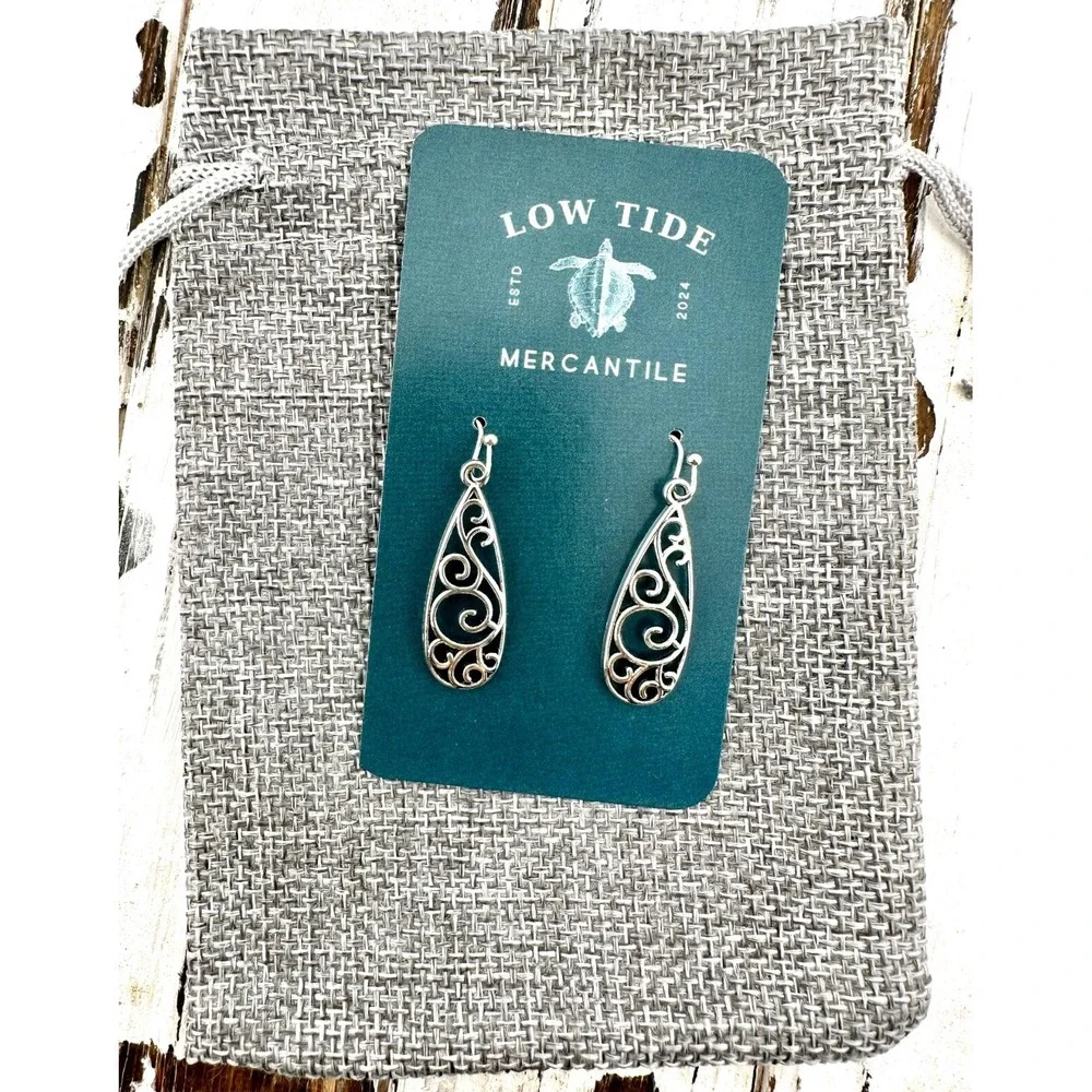 Silver Tone Filigree Swirl Teardrop Earrings